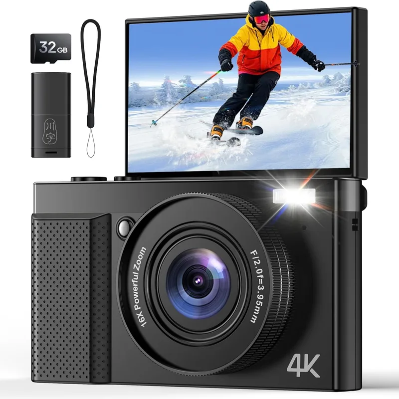 DODOSOUL ▫️ Câmara digital profissional 4K para crianças: Câmara compacta com ecrã dobrável de 180° com focagem automática - Câmara de 64 MP com zoom de 16X para principiantes Câmara para raparigas e rapazes (preto)