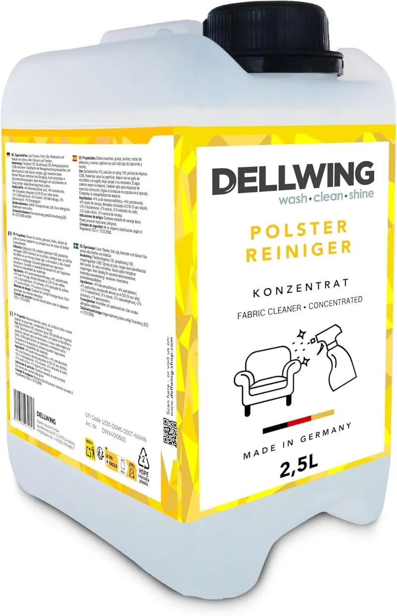 DELLWING ▫️ Produto de limpeza concentrado para estofos, 2,5 l; adequado para sofás, tapetes, bancos de automóvel e colchões; adequado para aspiradores de água ou limpeza manual; fabricado na Alemanha