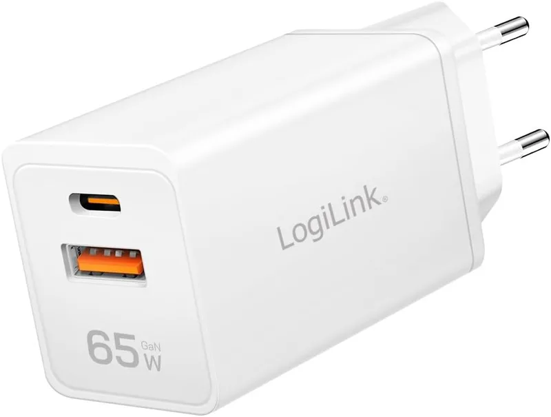 LogiLink ▫️ Adaptador com duas saídas USB de 65 W, tecnologia GAN (nitreto de gálio), 1 porta USB-C com Power Delivery (PD), 1 porta USB-A com Quick Charge (QC), proteção contra sobrecorrente, sobretensão, sobretemperatura e curto-circuito