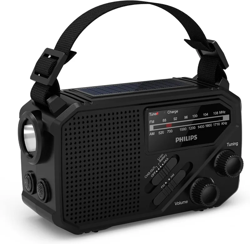 PHILIPS ▫️ TAR1659 Rádio portátil FM/AM com bateria recarregável integrada, pilhas AAA e alimentação de emergência por manivela, energia solar, luz LED integrada e lanterna para acampamento, caminhadas e cortes de