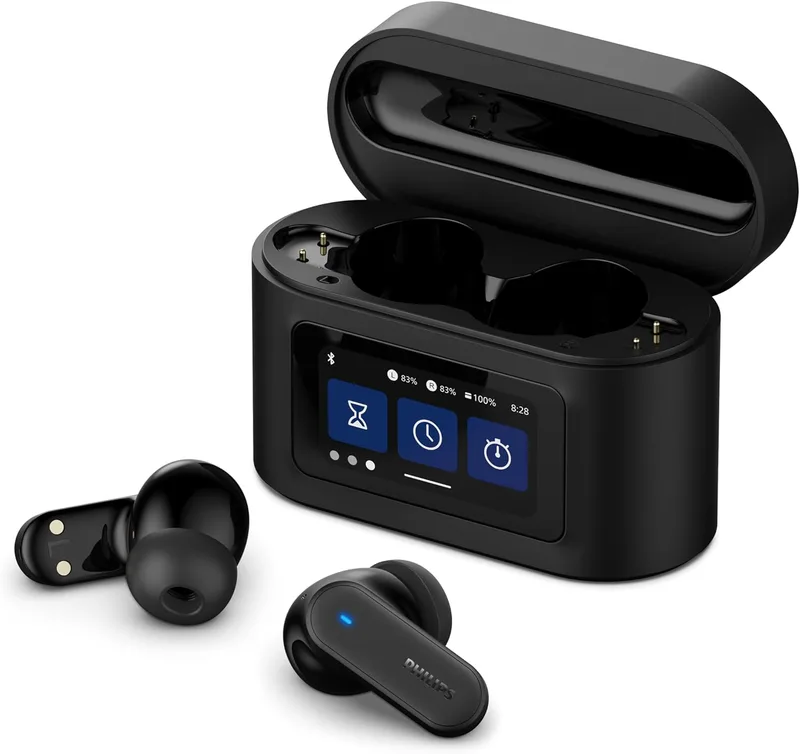 Philips ▫️ TAT6100BK - Auscultadores sem fios com estojo de carregamento inteligente, cancelamento de ruído, 4 microfones, graves dinâmicos, 28 horas de reprodução, Bluetooth 5.4, IPX5, controlos