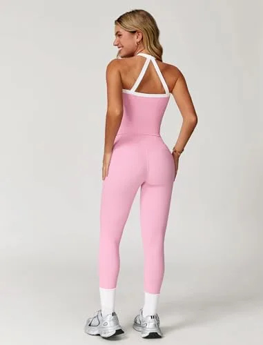 IDOPIP ▫️ Conjunto desportivo de duas peças para mulher, para fitness: top com decote halter, roupa de verão com acolchoamento e leggings de cintura alta, conjunto de ginásio com alça traseira para ioga, pilates e 2