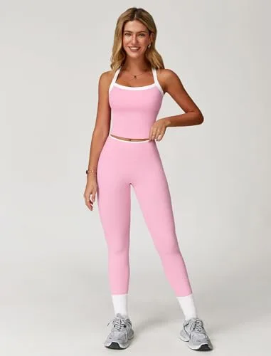 IDOPIP ▫️ Conjunto desportivo de duas peças para mulher, para fitness: top com decote halter, roupa de verão com acolchoamento e leggings de cintura alta, conjunto de ginásio com alça traseira para ioga, pilates e 3