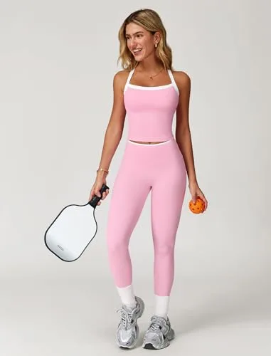 IDOPIP ▫️ Conjunto desportivo de duas peças para mulher, para fitness: top com decote halter, roupa de verão com acolchoamento e leggings de cintura alta, conjunto de ginásio com alça traseira para ioga, pilates e 5