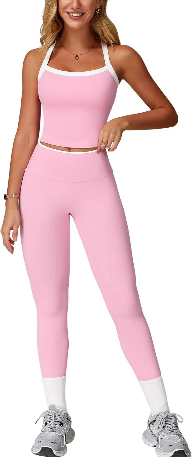 IDOPIP ▫️ Conjunto desportivo de duas peças para mulher, para fitness: top com decote halter, roupa de verão com acolchoamento e leggings de cintura alta, conjunto de ginásio com alça traseira para ioga, pilates e