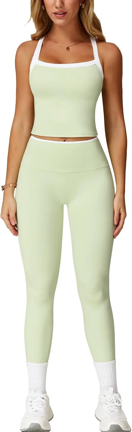 IDOPIP ▫️ Conjunto desportivo de duas peças para mulher, para fitness: top com decote halter, roupa de verão com acolchoamento e leggings de cintura alta, conjunto de ginásio com alça traseira para ioga, pilates e