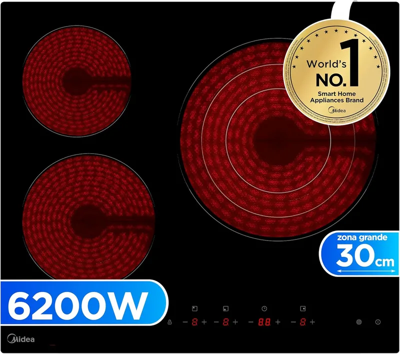 Midea ▫️ Placa vitrocerâmica de 3 bicos, 6200 W - Placa vitrocerâmica embutida com painel de controlo tátil, indicador luminoso, temporizador, bloqueio para crianças e proteção contra sobreaquecimento