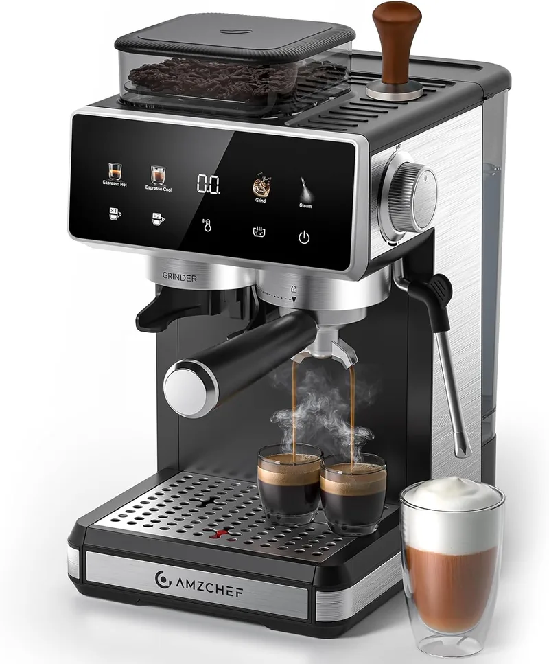 AMZCHEF ▫️ Máquina de café expresso com moinho, máquina de café expresso doméstica de 20 bar com bocal de leite, 3 níveis de temperatura, 20 níveis de moagem, função de café quente e frio, ecrã tátil