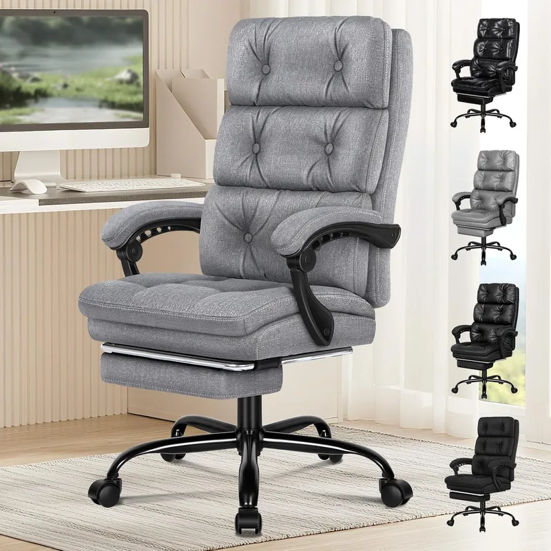 ALFORDSON ▫️ Cadeira de escritório ergonómica com apoio para os pés, cadeira executiva de escritório almofadada e reclinável com rodas e braços, cadeira giratória para computador com almofada grossa, linho (cinzento)