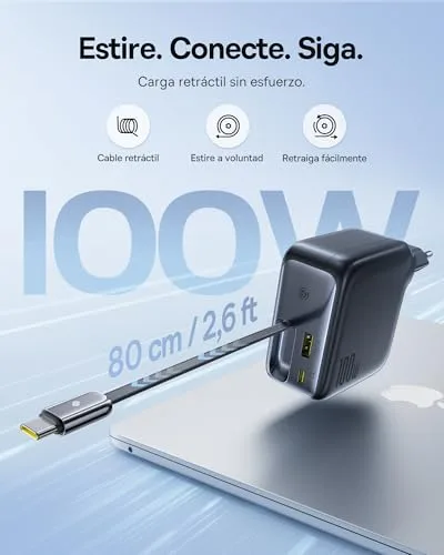 Baseus ▫️ Enercore - Carregador USB-C (100 W, cabo extensível, 3 portas GaN, carregador rápido PD compatível com MacBook Pro, Air, Dell, HP, iPad, iPhone 17/16/15/14/13 Pro Max, Galaxy S25/24 Ultra 3