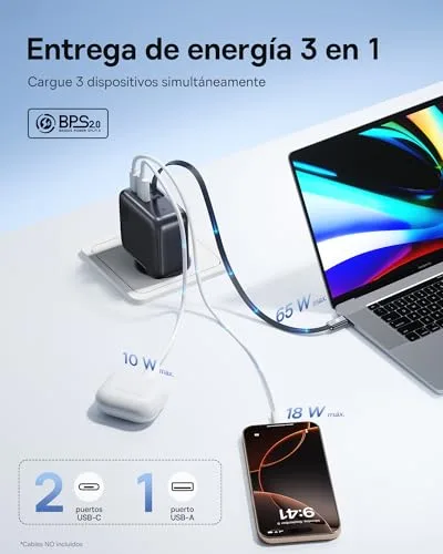 Baseus ▫️ Enercore - Carregador USB-C (100 W, cabo extensível, 3 portas GaN, carregador rápido PD compatível com MacBook Pro, Air, Dell, HP, iPad, iPhone 17/16/15/14/13 Pro Max, Galaxy S25/24 Ultra 5