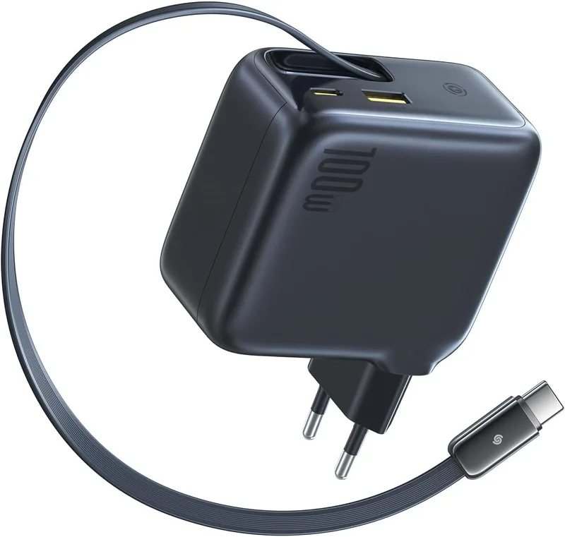Baseus ▫️ Enercore - Carregador USB-C (100 W, cabo extensível, 3 portas GaN, carregador rápido PD compatível com MacBook Pro, Air, Dell, HP, iPad, iPhone 17/16/15/14/13 Pro Max, Galaxy S25/24 Ultra