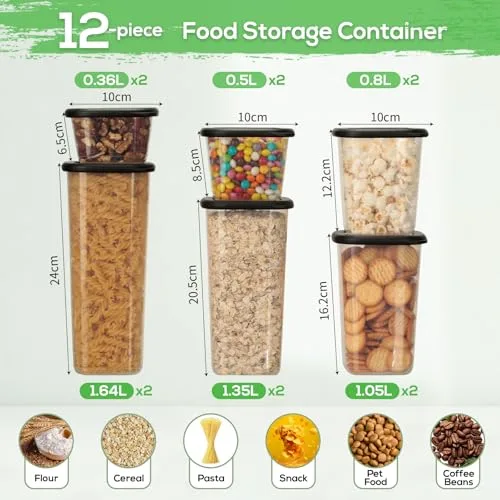 Cozary ▫️ Conjunto de recipientes herméticos para alimentos – 12 potes de cozinha (2x 0,36 L – 1,64 L) e 16 etiquetas pretas, ideal para arrumação na cozinha, potes de cozinha 3