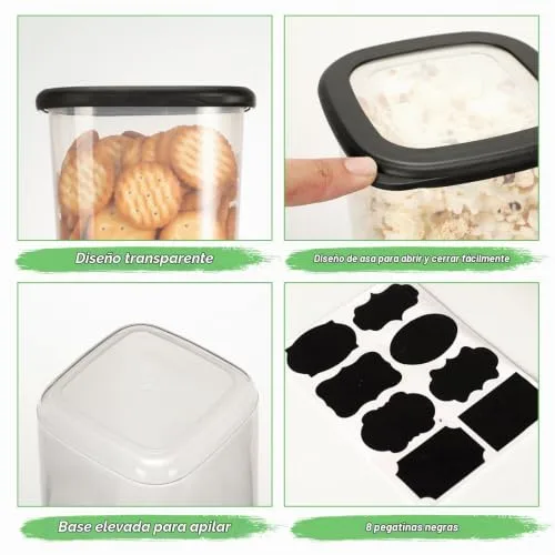 Cozary ▫️ Conjunto de recipientes herméticos para alimentos – 12 potes de cozinha (2x 0,36 L – 1,64 L) e 16 etiquetas pretas, ideal para arrumação na cozinha, potes de cozinha 4