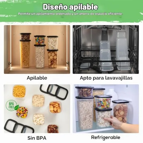 Cozary ▫️ Conjunto de recipientes herméticos para alimentos – 12 potes de cozinha (2x 0,36 L – 1,64 L) e 16 etiquetas pretas, ideal para arrumação na cozinha, potes de cozinha 5