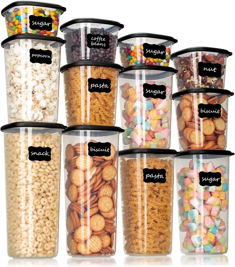 Cozary ▫️ Conjunto de recipientes herméticos para alimentos – 12 potes de cozinha (2x 0,36 L – 1,64 L) e 16 etiquetas pretas, ideal para arrumação na cozinha, potes de cozinha