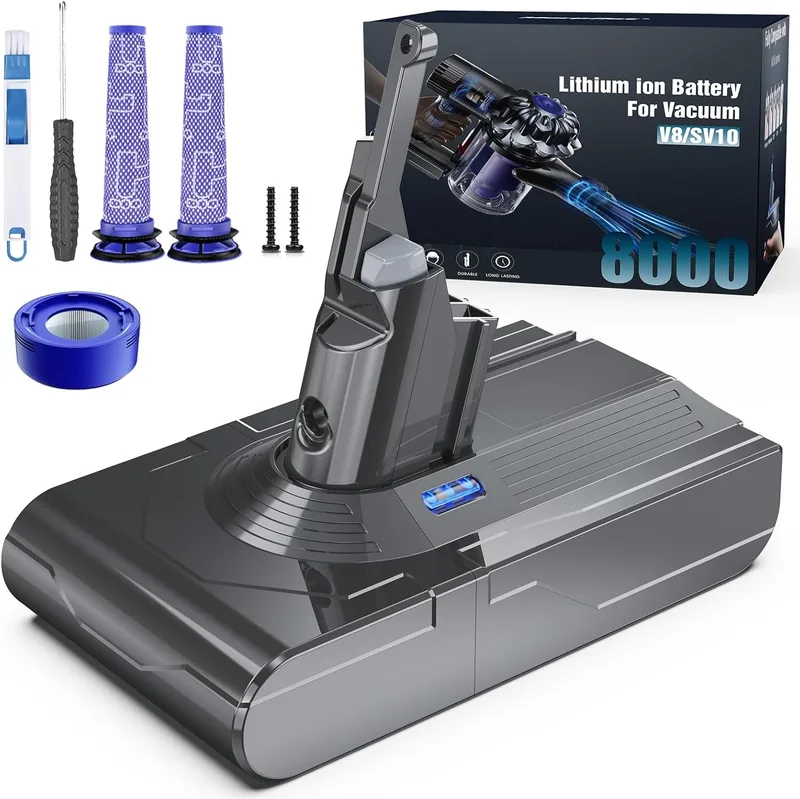 morpilot ▫️ Bateria 8000 mAh com 3 filtros para aspirador sem fios Dyson V8 Absolute Animal Pro Motorhead Extra Fluffy Plus Slim Parquet Total Clean SV10 SV25 com chave de fendas