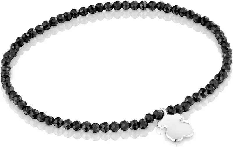 TOUS ▫️ Pulseira elástica para mulher com contas redondas de espinélio facetado e motivo urso em prata de primeira lei, 17 cm de comprimento, Coleção Motif