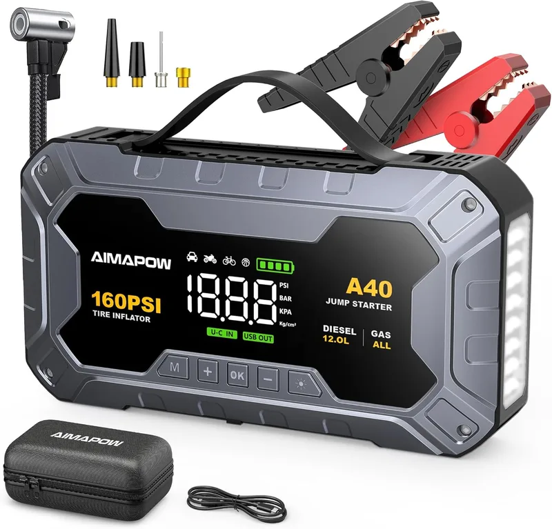 AIMAPOW ▫️ Arrancador de Emergência para Automóvel 8000A com Compressor, Inflador de Pneus 160PSI, Arrancador de Emergência 12V, Arrancador de Bateria para Automóvel (Gasolina ou Gasóleo 12L), Ecrã LCD, Luz de Emergência