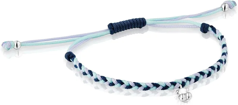 TOUS ▫️ Pulseira feminina com motivo de urso em prata de primeira lei e nylon em azul, 17 cm de comprimento, Coleção Motifs
