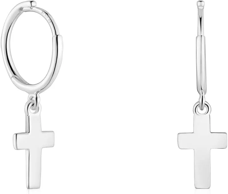 TOUS ▫️ Brincos Sterling Silver Hoop para mulher com pingente com motivo de cruz. Coleção Motivos