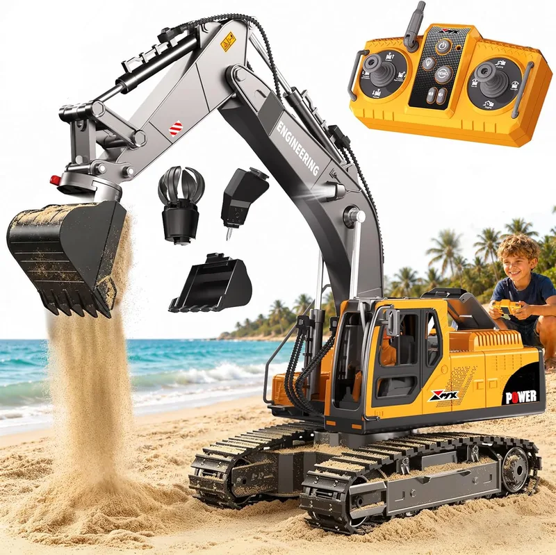 GraceDuck ▫️ Escavadora de Brincar RC 3 em 1 com Controlo Remoto de 2,4 GHz – Brinquedos de Praia e de Construção com Pá de Liga Leve, Trituradora e Garra, Rotação de 680°, Veículo de Obra para Crianças dos 6 aos 12 Anos
