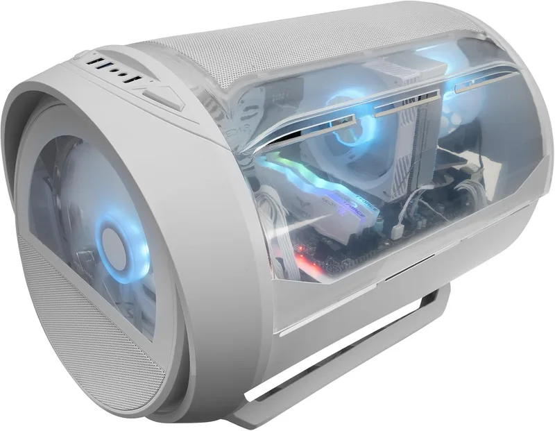 Mars Gaming ▫️ MC- CYLON, caixa para jogos MicroATX, design de turbina cilíndrica, painel de vidro temperado e janela superior curva panorâmica, ventoinha frontal RGB de 200 mm + ventoinha traseira de 120 mm, branco