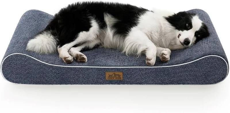 COZY KISS ▫️ Cama para cães lavável e impermeável, 114 x 76 cm, para cães de grande porte, azul | Tapete ortopédico, rebordo elevado, almofada antiderrapante, espuma reforçada, respirável, 15 cm de altura, azul