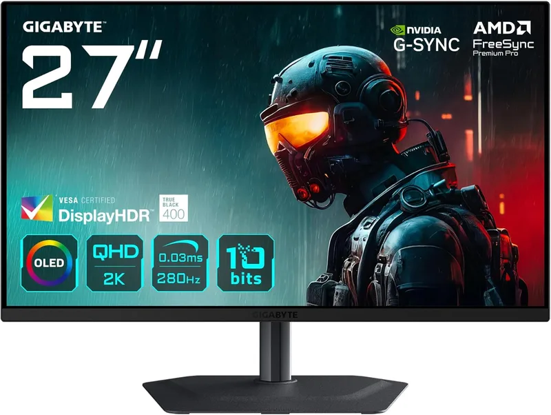 Gigabyte Technology ▫️ Monitor de jogos GIGABYTE MO27Q2A OLED 2K QHD de 27" – 2560 x 1440, 280 Hz, 0,03 ms, 250 CD/m², FreeSync Premium Pro, DisplayHDR True Black 400, HDMI 2.1, DisplayPort 1.4