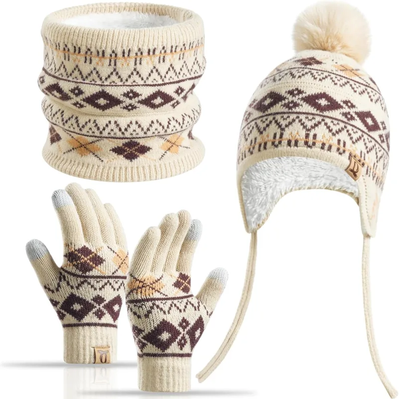 Yaopelky ▫️ Conjunto de inverno infantil de 3 peças com forro polar e gorro, polaina de pescoço, luvas para 3-8 anos com pompom, quente, ecrã tátil, neve, escola, utilização no exterior