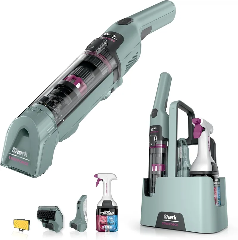 Shark ▫️ StainForce Remoção de nódoas e odores para alcatifas, tapetes, estofos, escadas e automóveis, design leve e portátil com organizador, acessórios e 2 soluções de limpeza total, HX100EUCP