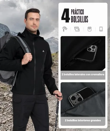 SwissWell ▫️ Casaco Softshell para Homem, para Caminhadas, Multifuncional, à prova de vento e impermeável, para o Inverno, quente, com capuz e bolsos, ideal para caminhadas e acampamentos 5