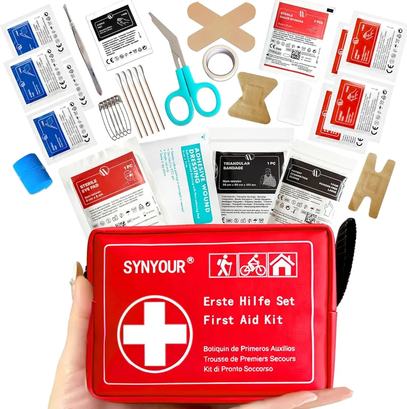 SYNYOUR ▫️ Mini kit de primeiros socorros, kit de primeiros socorros com 80 peças, kit de primeiros socorros pequeno para viagens, caminhadas, carro, mota, bicicleta, casa, trabalho