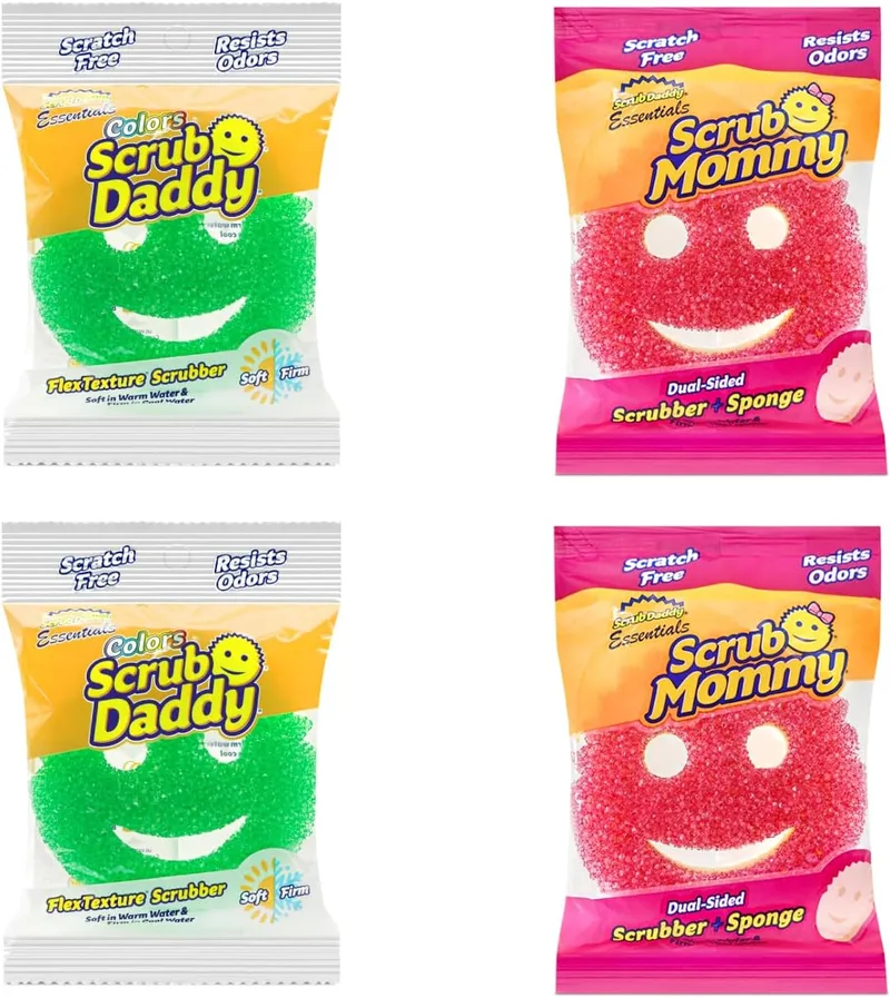 Scrub Daddy ▫️ & Scrub Mommy Essentials - Esponjas para esfregar e esfregar, embalagem múltipla de esponjas de cozinha, esfregões anti-riscos com textura flexível, esfregão para máquina de lavar loiça, embalagem de 4
