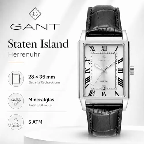 GANT ▫️ G197001 Staten Island - Relógio de pulso para homem, caixa em aço inoxidável, bracelete em pele preta com efeito de pele de crocodilo, movimento de quartzo japonês, data, 5 ATM 3