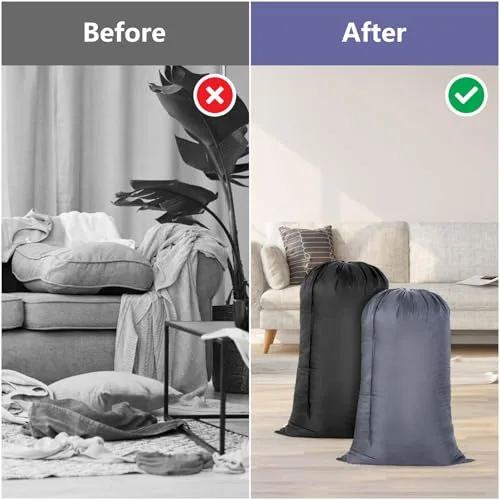 OTraki ▫️ 2 Sacos de Roupa Extragrandes, 70 x 115 cm, Saco de Armazenamento Lavável na Máquina com Cordão Ajustável para Viagens, Acampamento, Casa ou como Cesto de Roupa (Preto + Cinzento) 6