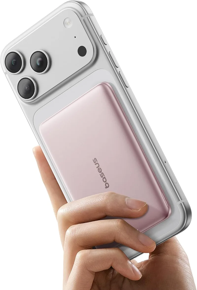 Baseus ▫️ Picogo AM41 Power Bank, Ultra Slim 5000mAh Magsafe Powerbank, PD 20W Fast Charging, Portátil, Mini Bateria Magnética Externa com Cabo USB C para iPhone 17/16/15/14/13/12, Rosa