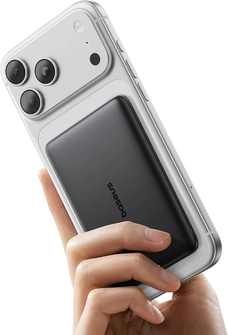 Baseus ▫️ Picogo AM41 Power Bank, Ultra Slim 5000mAh Magsafe Powerbank, PD 20W Fast Charging, Portátil, Mini Bateria Magnética Externa com Cabo USB C para iPhone 17/16/15/14/13/12, Preto