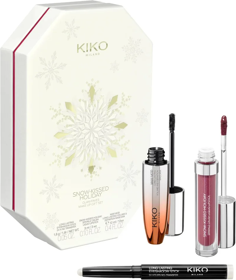 Kiko Milano ▫️ Snow-Kissed Holiday Glam-Faves Make Up Gift Set, Conjunto de maquilhagem para oferta: Máscara Volume Effect, Batom Matte a Cintilante e Sombra para Olhos