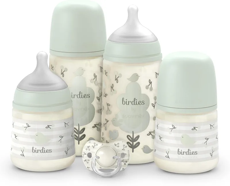 SUAVINEX ▫️ Conjunto de Biberões para Recém-Nascidos, Pacote de Oferta com: 2 x 270 ml de fluxo médio + 2 x 150 ml de fluxo lento + chupeta para 0 a 6 meses, tetinas fisiológicas SX Pro de silicone, 5 unidades, +0M, Birdies Verde