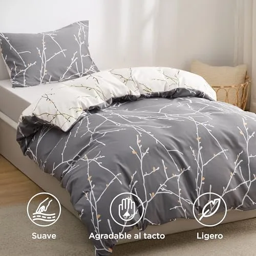 Bedsure ▫️ Capa de Edredão para Cama de 90 - Raminhos Cinzentos, Capa de Edredão 135x200 2