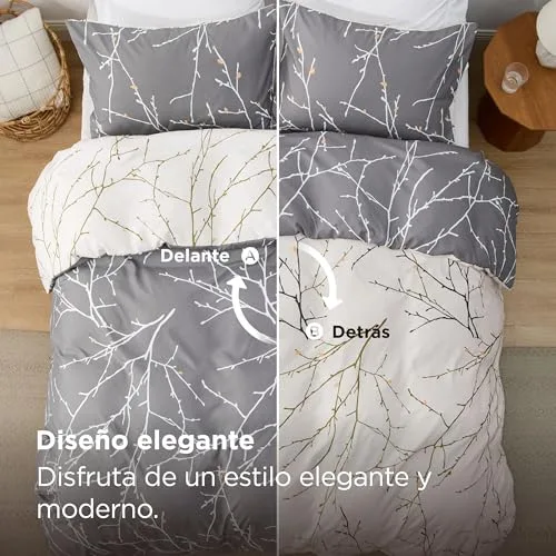 Bedsure ▫️ Capa de Edredão para Cama de 90 - Raminhos Cinzentos, Capa de Edredão 135x200 3