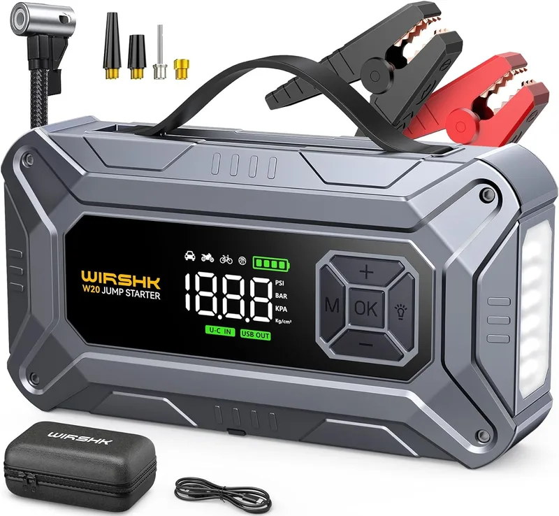 WIRSHK ▫️ Compressor de ar para arranque de automóvel, arrancador de bateria portátil 8000A 160PSI (8.0L Gasolina/10L Diesel), bateria externa de 12V com cabos de arranque, ecrã LCD, 2 LEDs