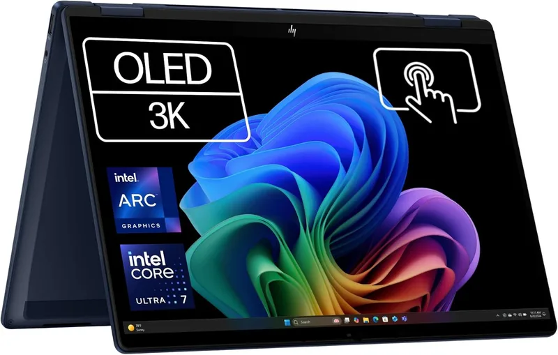 HP ▫️ Omnibook X Flip - Portátil conversível de 14" com ecrã OLED 3K tátil (Intel Ultra 7-258V EVO, 32 GB de RAM, SSD de 1 TB, Intel ARC Graphics, Windows 11, Wi-Fi 7) Prateado - Teclado QWERTY espanhol