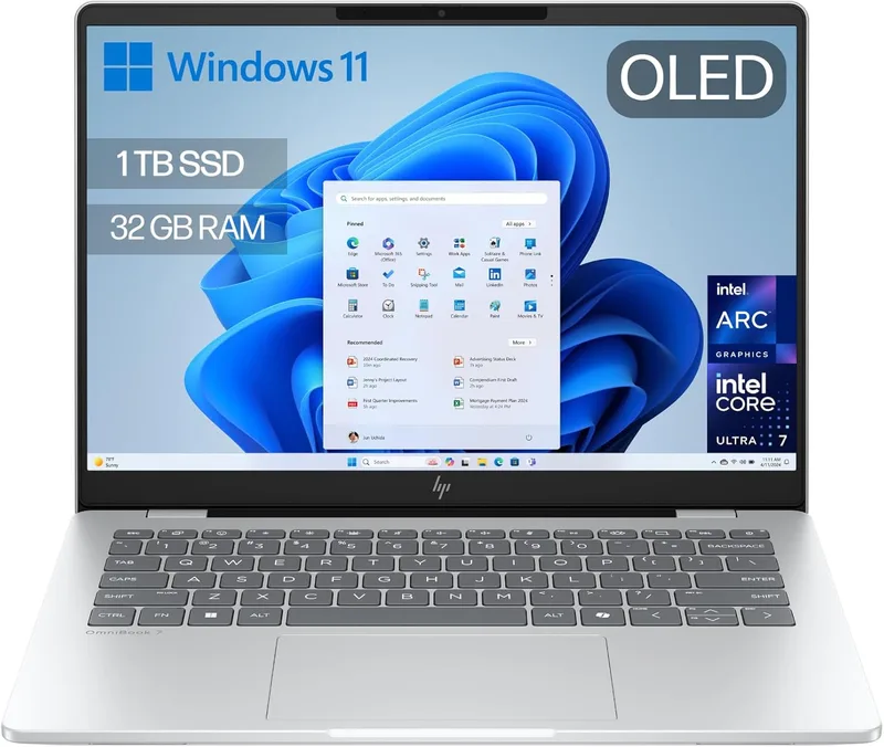 HP ▫️ OmniBook 7 AI - Computador portátil OLED 2K de 14" (Intel Core Ultra 7 255H, 32 GB de RAM, 1 TB SSD, gráficos Intel ARC, Windows 11 Home) Prateado - Teclado QWERTY espanhol