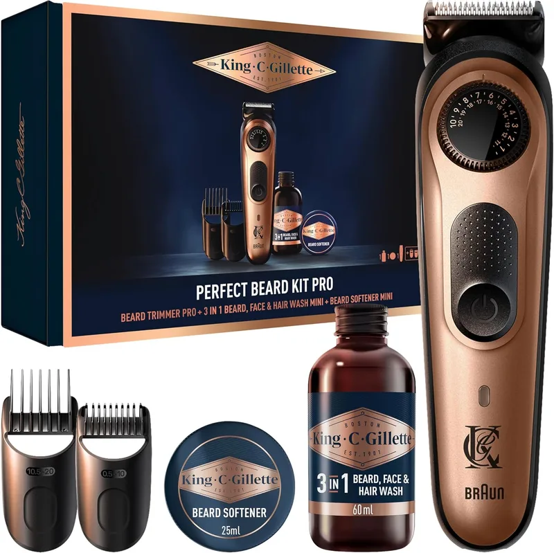 King C. Gillette ▫️ Kit de barbear para homem com aparador de barba | Aparador de barba Pro + Gel de limpeza para pelos faciais 60 ml + Mini bálsamo suave 25 ml, presentes originais para homem