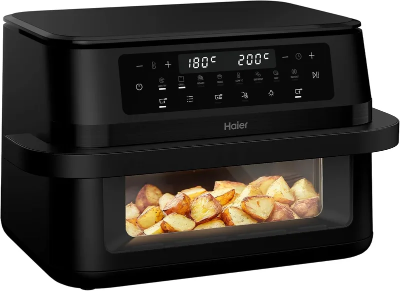 Haier ▫️ Fritadeira de ar quente com duas gavetas Flex de 11 L, divisória e janela de visualização, 8 em 1: Fritar com ar quente, Grelhar, Assar, Cozer, Secar, Reaquecer, Descongelar, Cozedura lenta, Sync, Revestimento antiaderente, Lavável na máquina de lavar louça [HAF3ADW]
