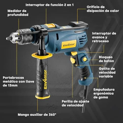 Enventor ▫️ Berbequim de Percussão com Fio de 750 W, Pega Auxiliar de 360° 2