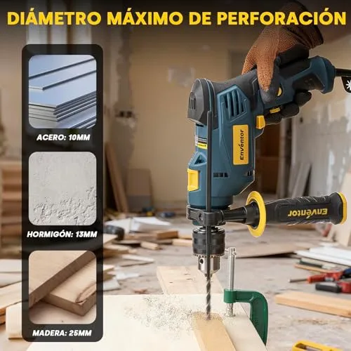 Enventor ▫️ Berbequim de Percussão com Fio de 750 W, Pega Auxiliar de 360° 7