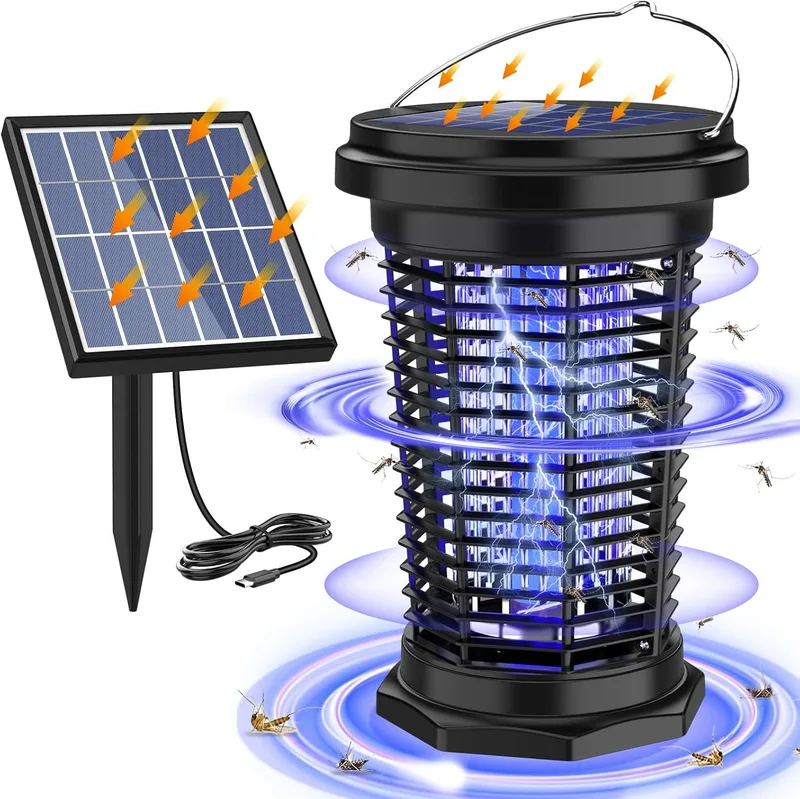 PALONE ▫️ Lâmpada solar antimosquitos de 4500 V | Antimosquitos elétrico recarregável via USB-C com painel solar de 5,5 W/5 V e cabo extralongo, ideal para jardim, terraço e cozinha